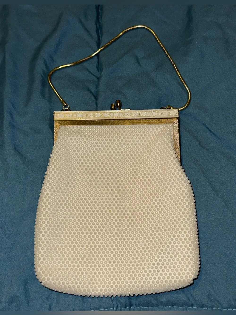 Vintage 1960s Faux Pearl Beaded Evening Bag – Gold Frame Purse